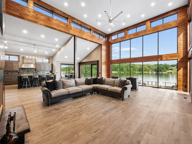 Great room and steel-wrapped fireplace at 88 Lakeview Court