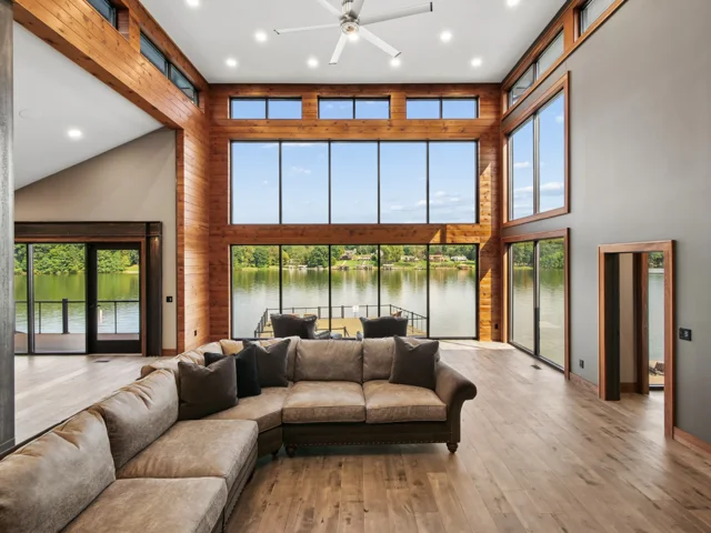Great room and steel-wrapped fireplace at 88 Lakeview Court