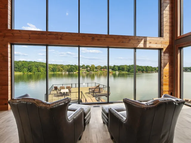 Great room and steel-wrapped fireplace at 88 Lakeview Court