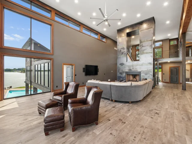 Great room and steel-wrapped fireplace at 88 Lakeview Court