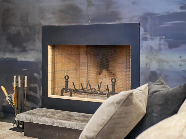Steel-wrapped fireplace at 88 Lakeview Court