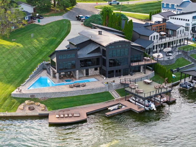 Aerial lakefront setting at 88 Lakeview Court
