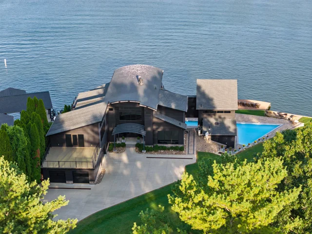Aerial lakefront setting at 88 Lakeview Court