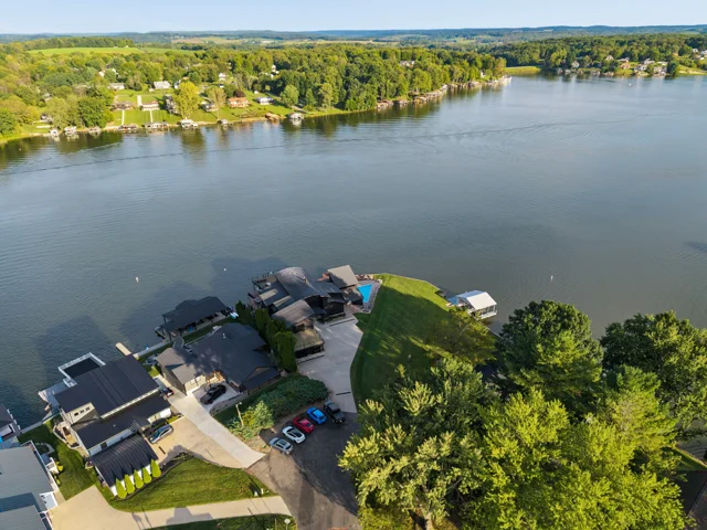 Aerial lakefront setting at 88 Lakeview Court