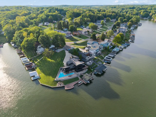 Aerial lakefront setting at 88 Lakeview Court