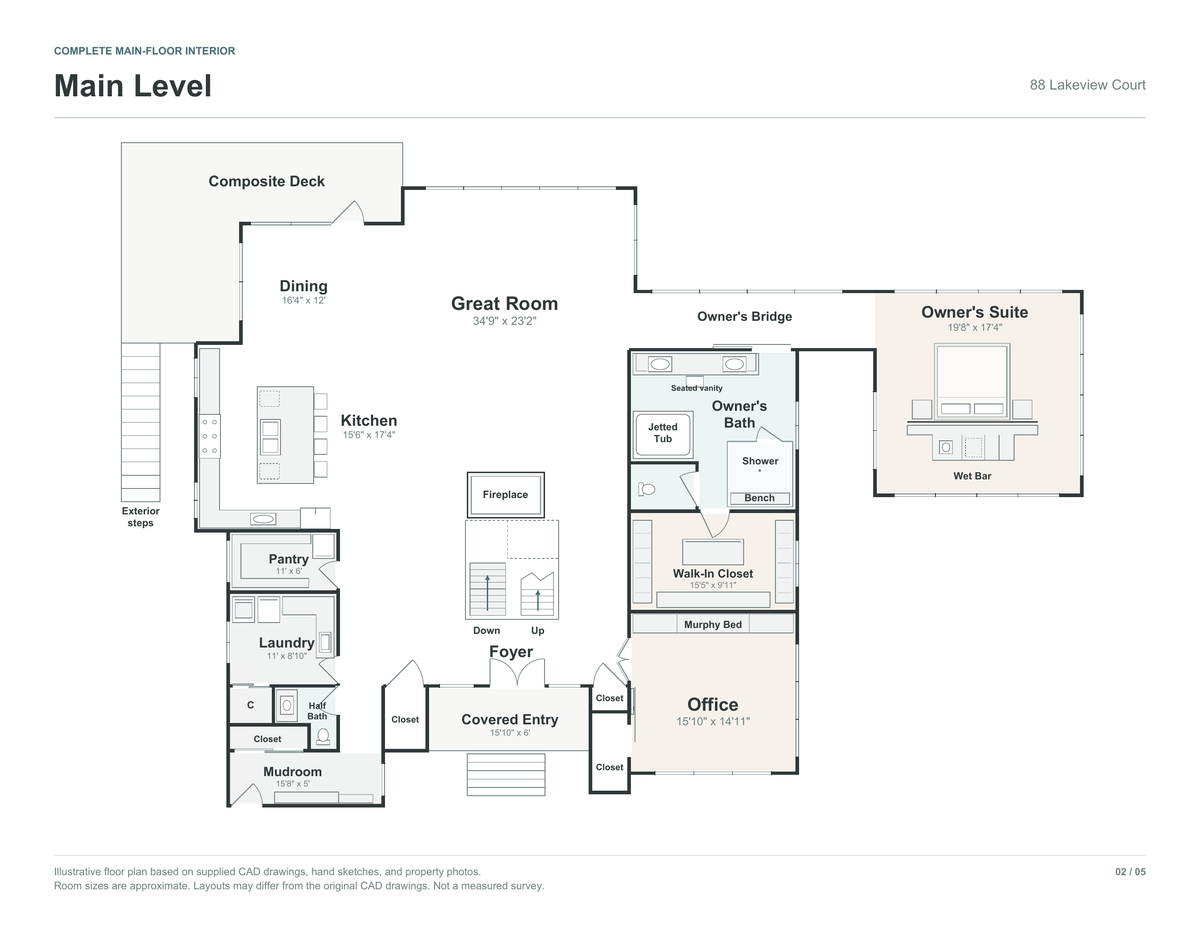 Main Level floor plan for 88 Lakeview Court. Gathering areas, the owner’s suite, office, and everyday spaces.